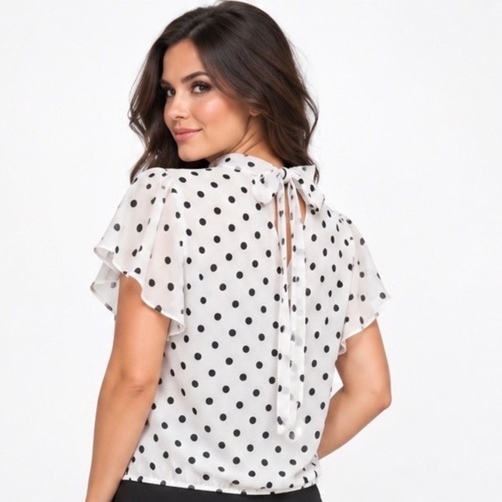 Sweet Pea Blouse M White Polka Dot Mock Neck Tie Back Flutter Sleeve